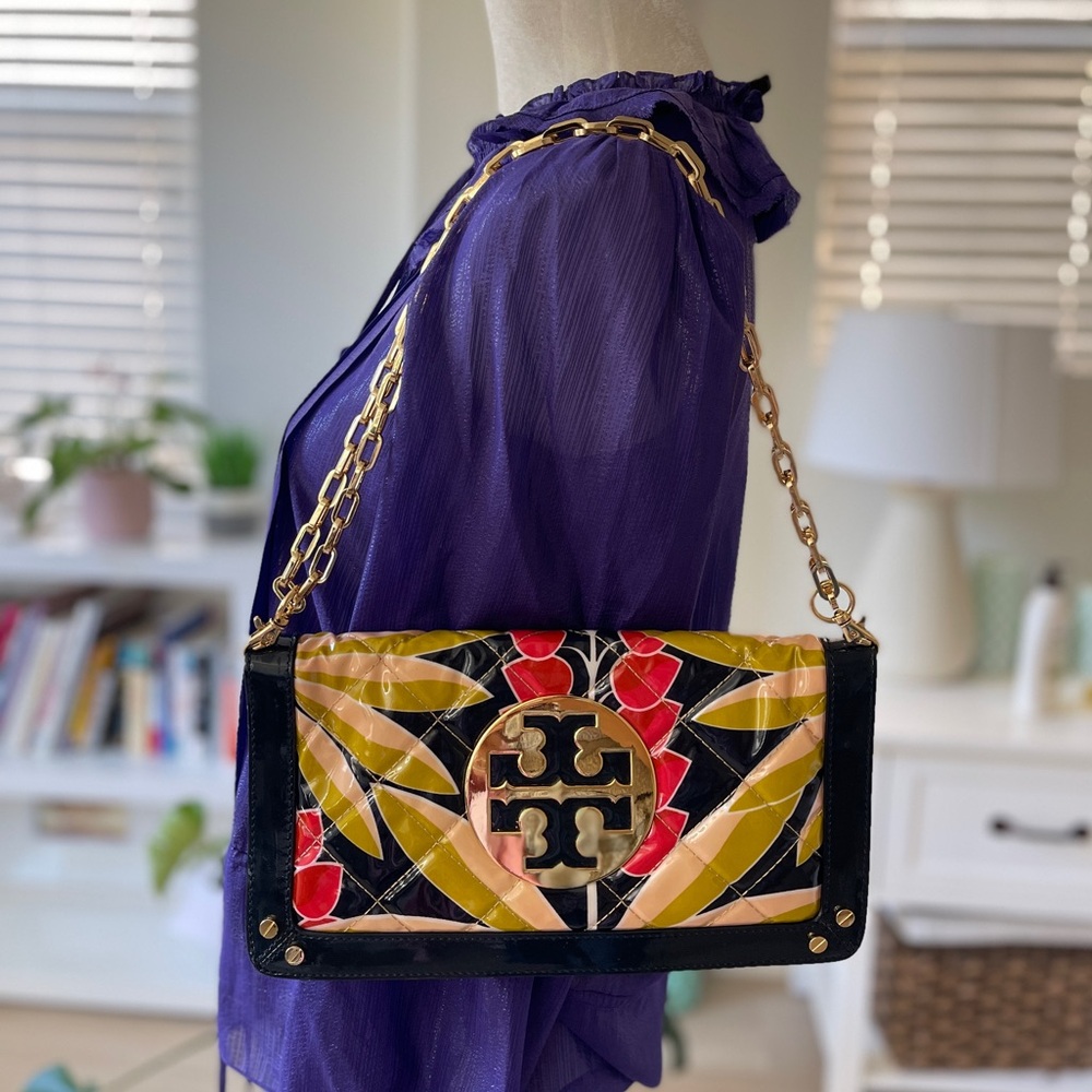 Tory Burch Quilted Printed Patent Bag/ Clutch  Multicolor-Navy